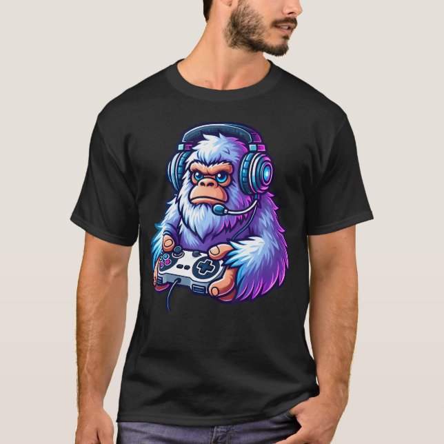 Cute Funny Bigfoot Wearing Headphones Playing Vide T Shirt (Framsida)
