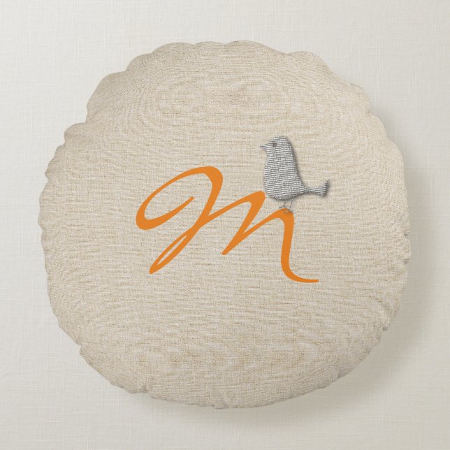 Cute Funny Bird Linen Se Monogrammed Pillow Rund Kudde (Framsidan)