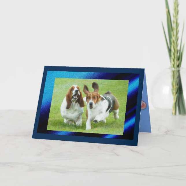 Cute & Funny Birthday Card w/Runing Basset Hounds Kort (Framsida)