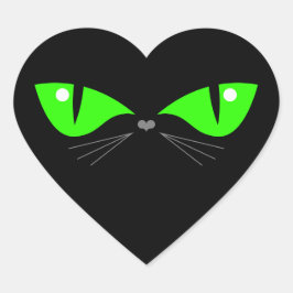 Cute Funny Black Cat Ansikte Grönt Ögon Whiskers Hjärtformat Klistermärke