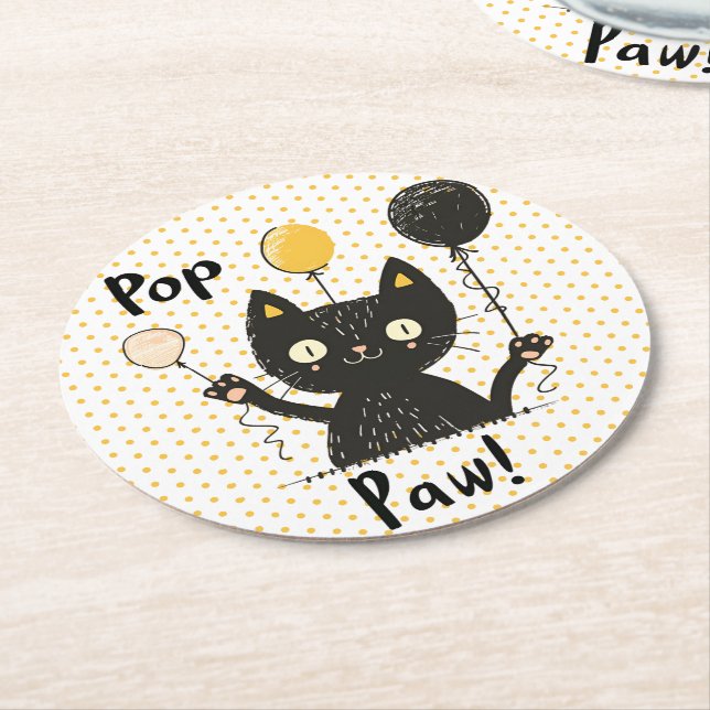 Cute Funny Black Cat Holding Balloons Birthday Underlägg Papper Rund (Vinklad)