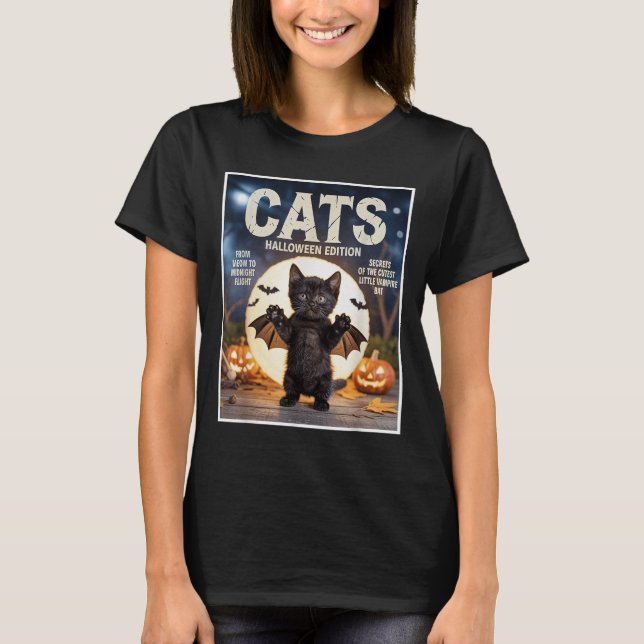 Cute Funny Black Cat i Fladdermus Costume Hallowee T Shirt (Framsida)
