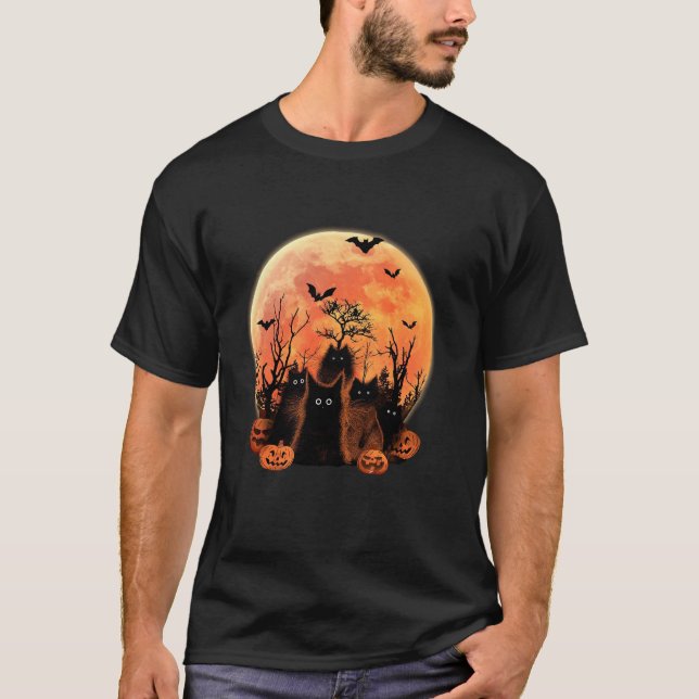 Cute Funny Black Cat och Blood Måne NattPumpkins T Shirt (Framsida)