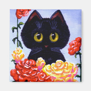 Cute Funny Black Cat Röd ros Creationarts art Magnet