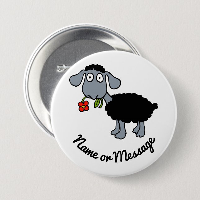 Cute Funny Black Lamb Sheep med Red Flower Anpassn Knapp (Framsida & baksida)