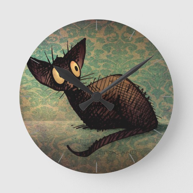 Cute Funny Black Oriental Cat Art Rund Klocka (Framsida)