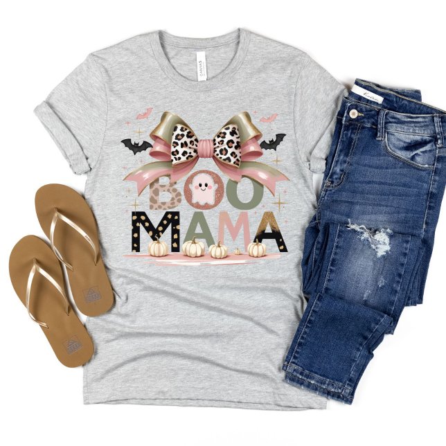 Cute Funny Boo Mamma Halloween Coquette Bow T Shirt (Boo Mama Halloween Mom T-shirt with Pink Green Leopard print Coquette Bow, cute ghost pumpkins)