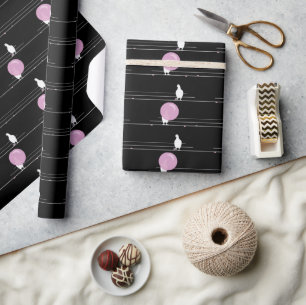 Cute Funny Bubblegum Birds on a Wire Mönster Black Presentpapper