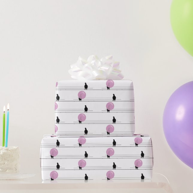 Cute Funny Bubblegum Birds på Wire Mönster White Presentpapper (Festgåvor)