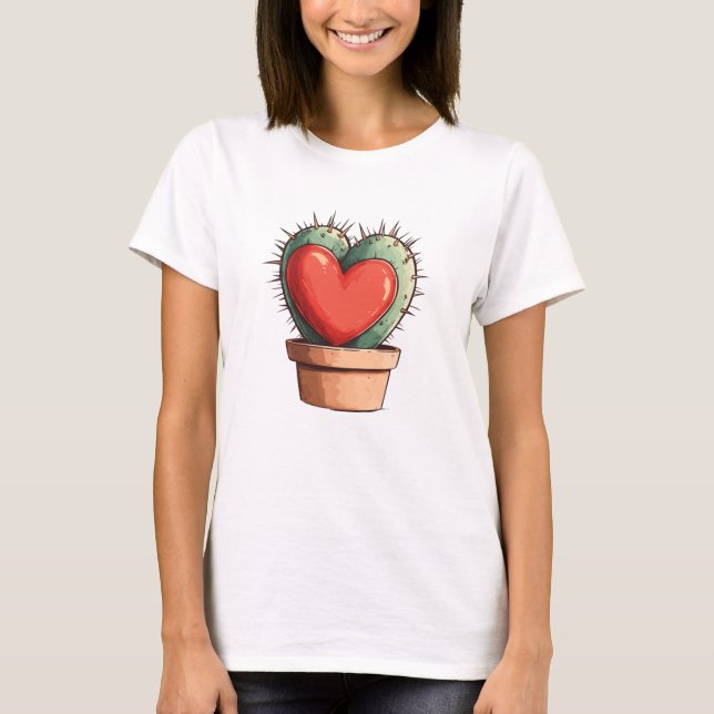 Cute Funny Cactus Heart Valentine Day T Shirt (Framsida)