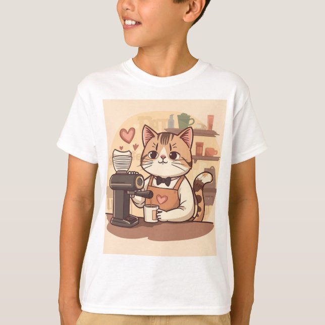 Cute Funny Cartoon Barista Cat Kid's T-shirt (Framsida)
