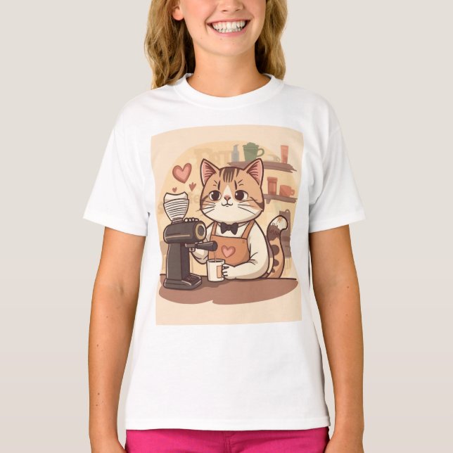Cute Funny Cartoon Barista Cat Kid's T-shirt (Framsida)
