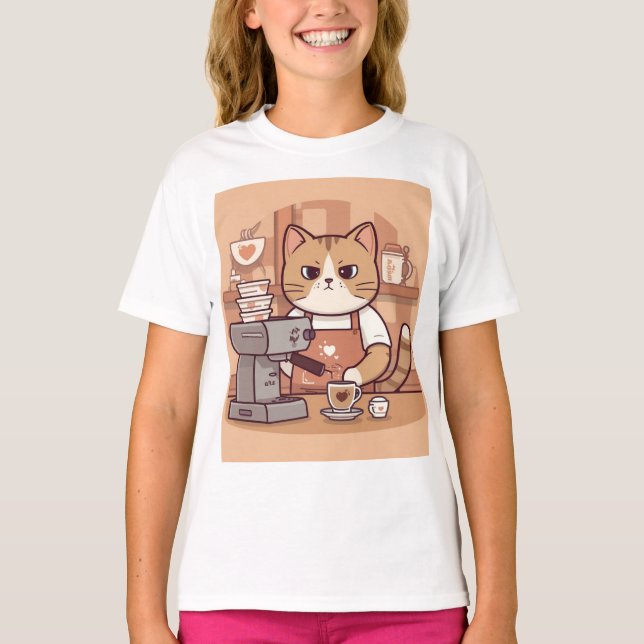 Cute Funny Cartoon Barista Cat Kid's T-shirt (Framsida)