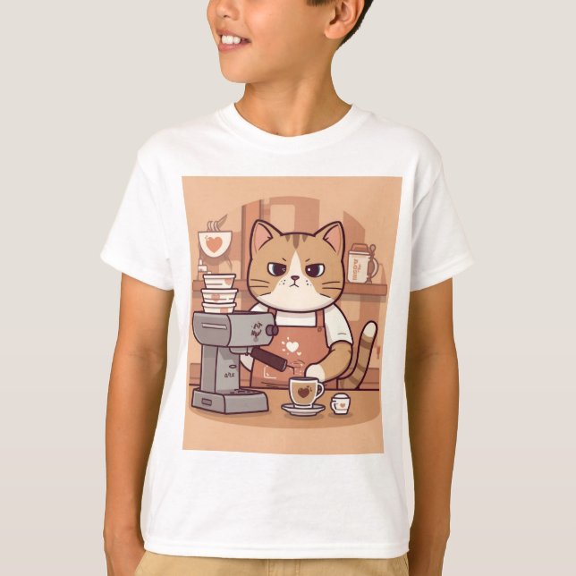 Cute Funny Cartoon Barista Cat Kid's T-shirt (Framsida)