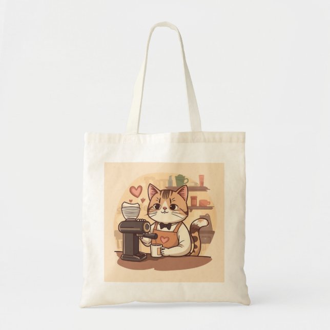 Cute Funny Cartoon Barista Cat Tote Bag Tygkasse (Framsidan)