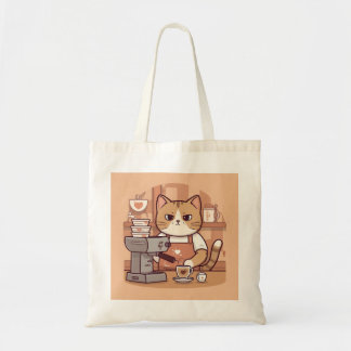 Cute Funny Cartoon Barista Cat Tote Bag Tygkasse