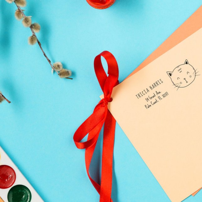 Cute Funny Cat Doodle Kids eget namn och Adress Självfärgande Stämpel (Skapare uppladdad)