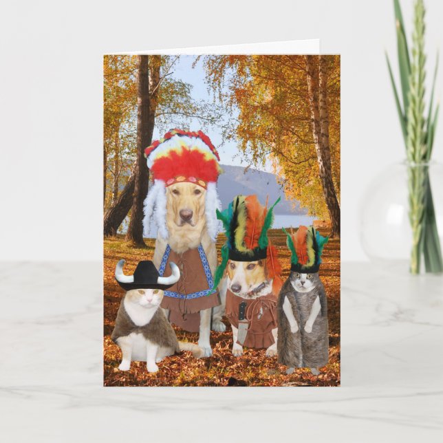 Cute/Funny Cat/Hund indisk Thanksgiving Helgkort (Framsida)