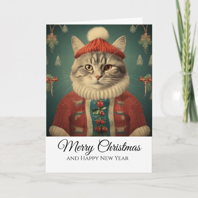 Cute Funny Cat in Costume Merry Christmas  Kort (Framsida)
