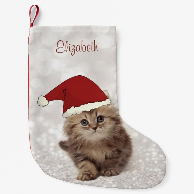 Cute Funny Cat med Santa Hat,Glittery Bokeh Liten Julstrumpa (Framsidan)
