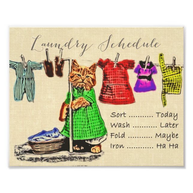 Cute Funny Cat Tvätt Schedule Sign Wall Art Fototryck (Framsidan)