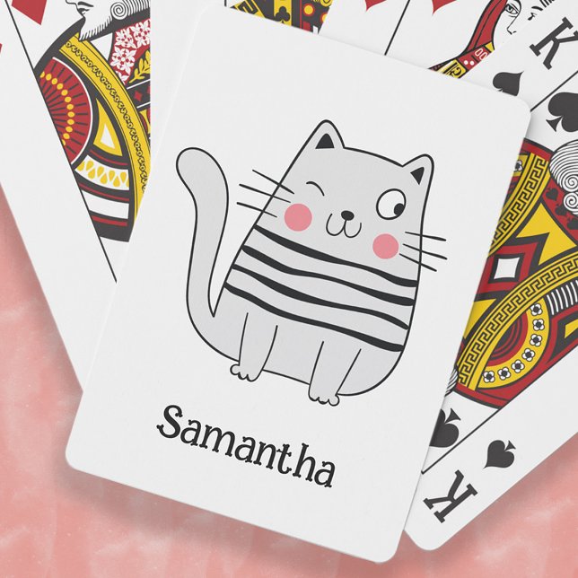 Cute Funny Cat Winking Namn Monogram Casinokort (Cute, funny winking cat playing cards. Personalize with your name.)