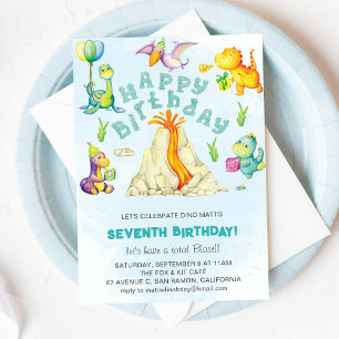 Cute Funny Colorful Dinosaurs Volcano Watercolor Inbjudningar