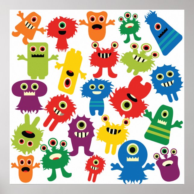 Cute Funny Colorful Monsters Mönster Poster (Framsidan)