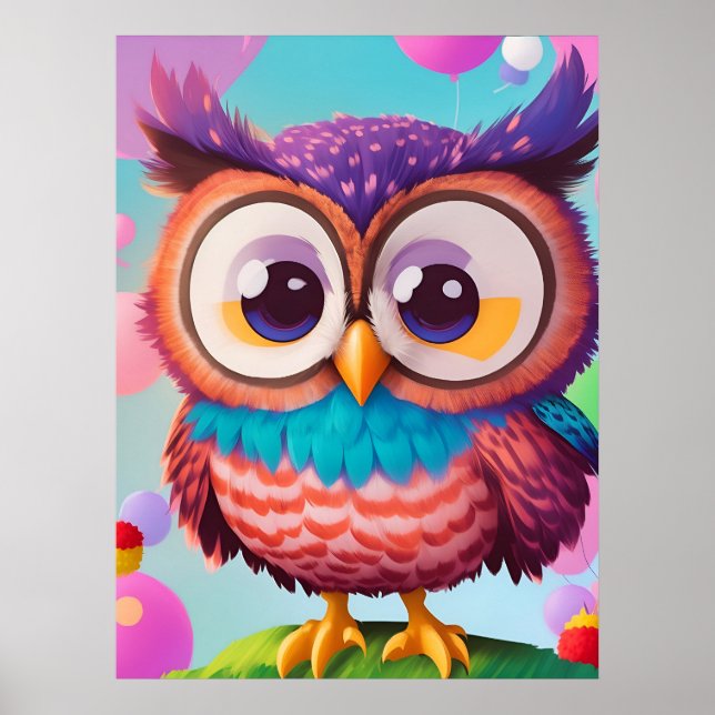 Cute Funny Colorful Tecknad Uggla AI Art Poster (Framsidan)
