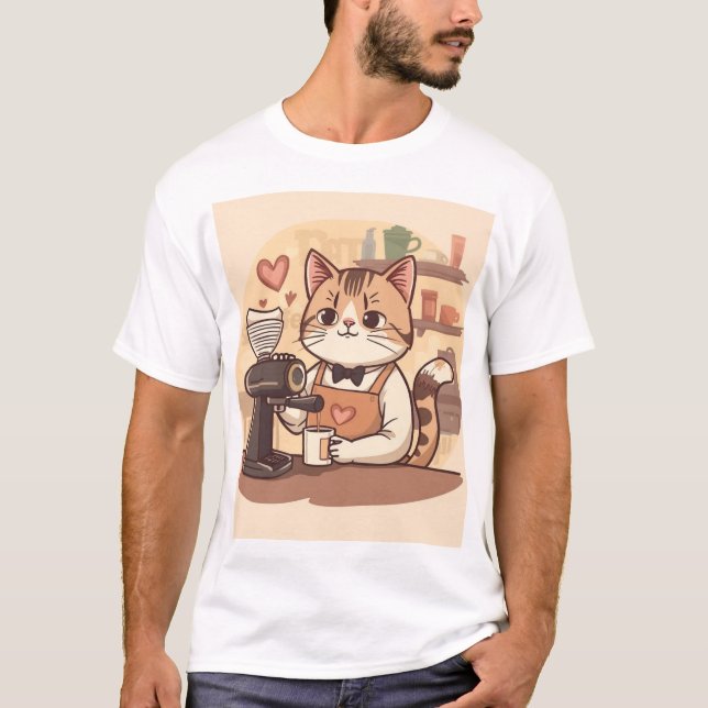 Cute Funny Cozy Barista Cat & Coffee T-shirt (Framsida)