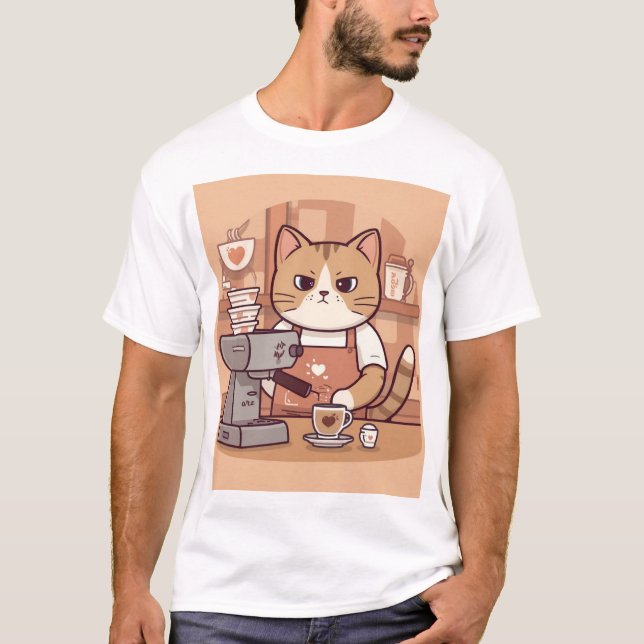 Cute Funny Cozy Barista Cat & Coffee T-shirt (Framsida)