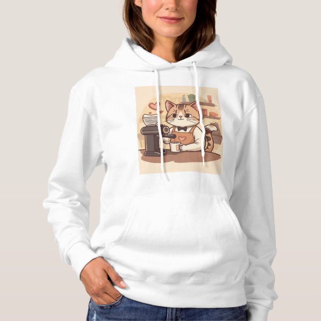 Cute Funny Cozy Barista Cat Hoodie T-shirt (Framsida)