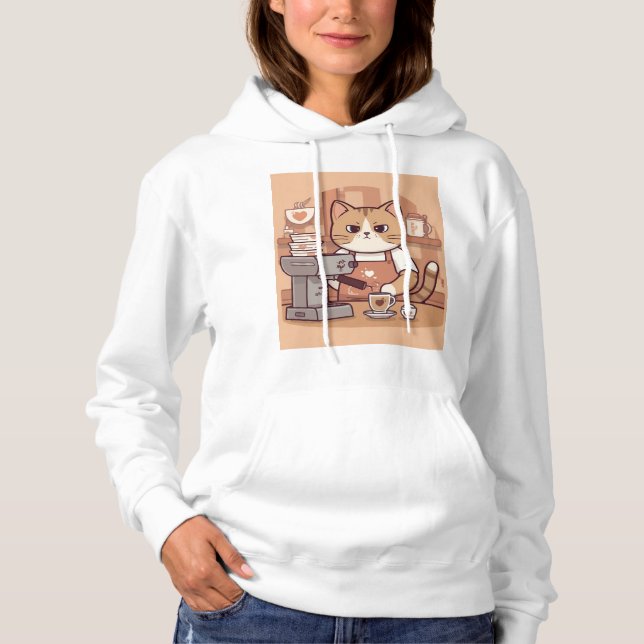 Cute Funny Cozy Barista Cat Hoodie T-shirt (Framsida)