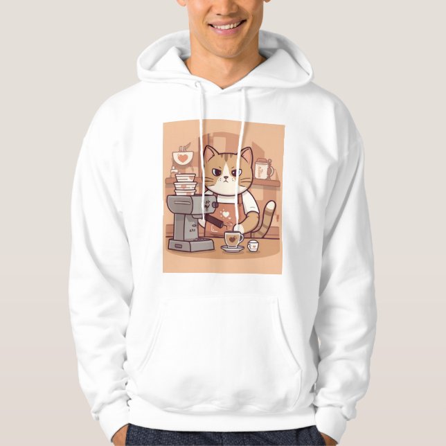 Cute Funny Cozy Cartoon Barista Cat Hoodie T-shirt (Framsida)