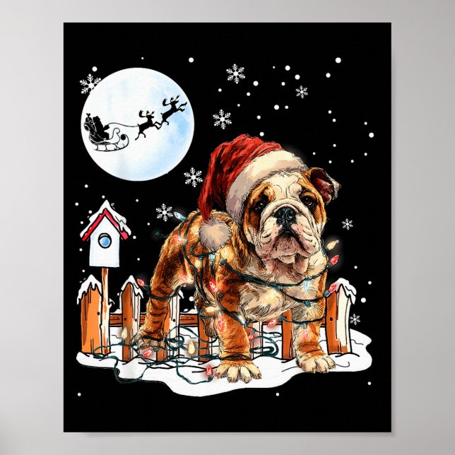 Cute Funny English Bulldog Christmas Lights Santa  Poster (Framsidan)