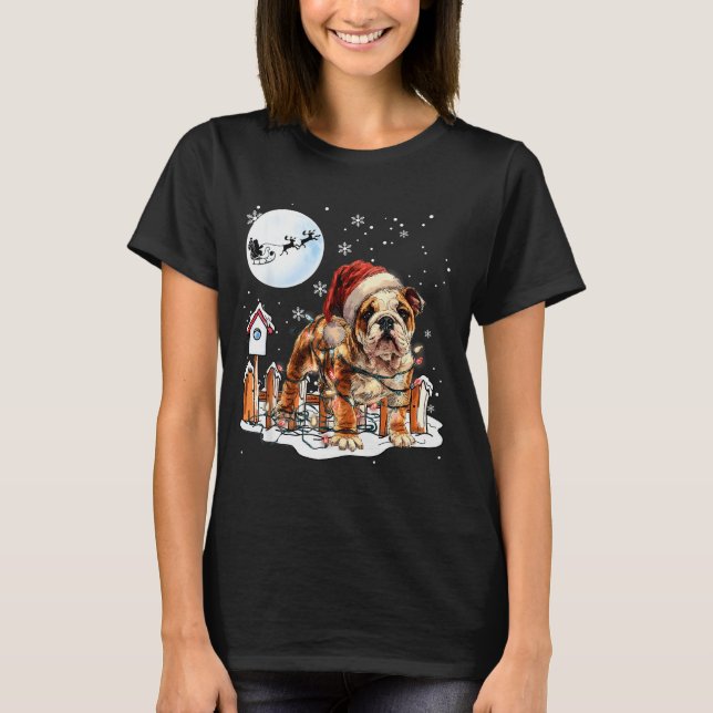 Cute Funny English Bulldog Christmas Lights Santa  T Shirt (Framsida)