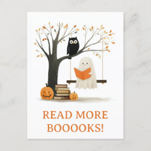 Cute Funny Fall Autumn Halloween Ghost Read Bokar Vykort