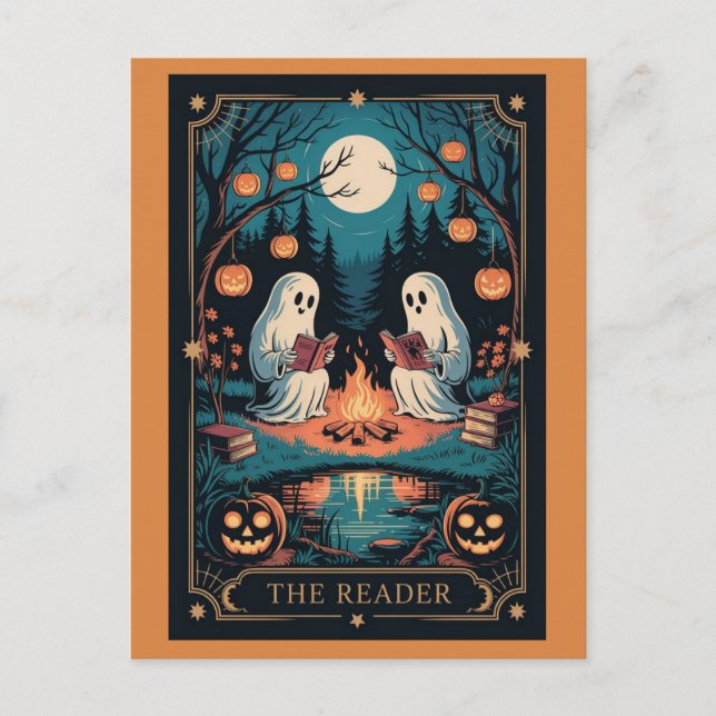 Cute Funny Fall Halloween Tarot Ghost Read Bokar Vykort (Framsida)
