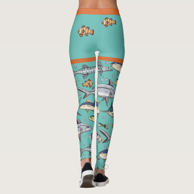 Cute Funny Fish Swimming Beach Mural Aquarium Leggings (Baksida)
