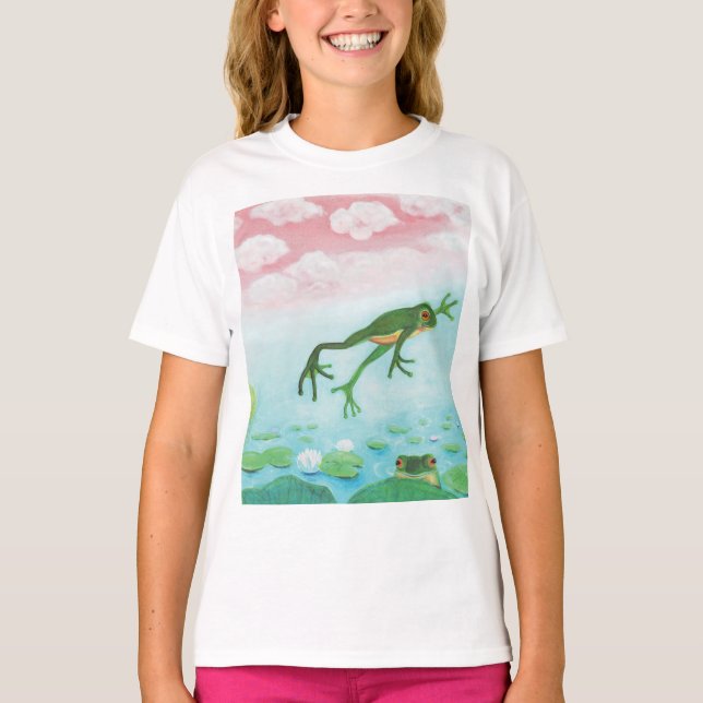 Cute Funny Frog Jumps in i dammen T Shirt (Framsida)