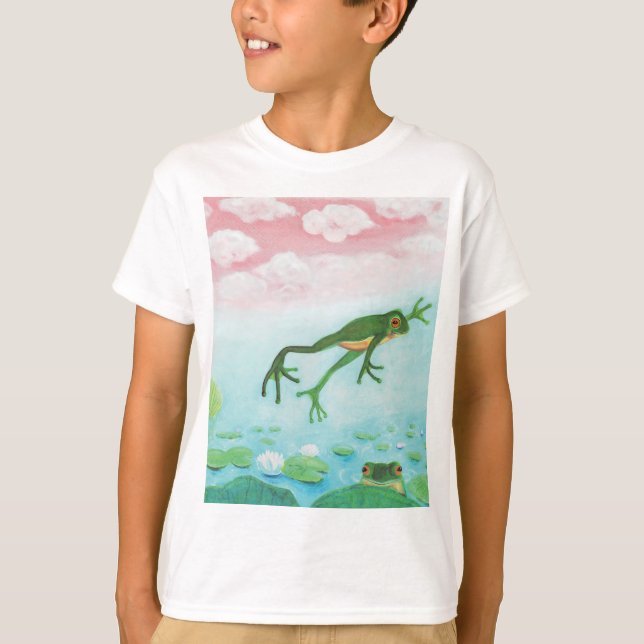 Cute Funny Frog Jumps in i dammen T Shirt (Framsida)