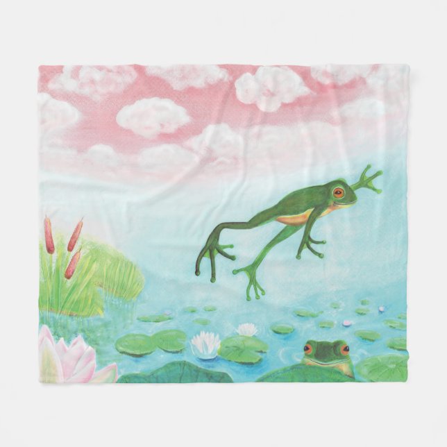 Cute Funny Frog Jumps Into The Pond   Baby Blanket Fleecefilt (Framsidan (Horisontell))