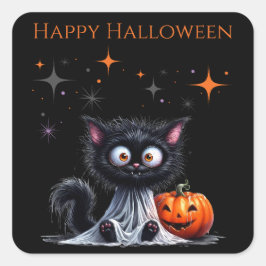 Cute Funny Ghost Black Kitten Halloween Fyrkantigt Klistermärke