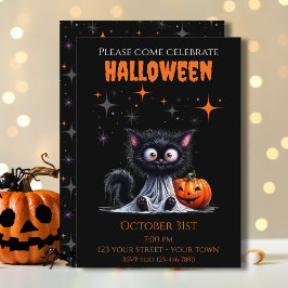 Cute Funny Ghost Black Kitten Halloween Inbjudningar