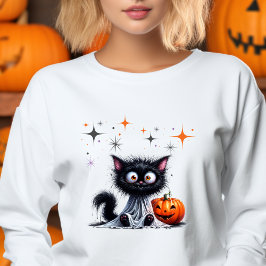 Cute Funny Ghost Black Retro Kitten Halloween T Shirt