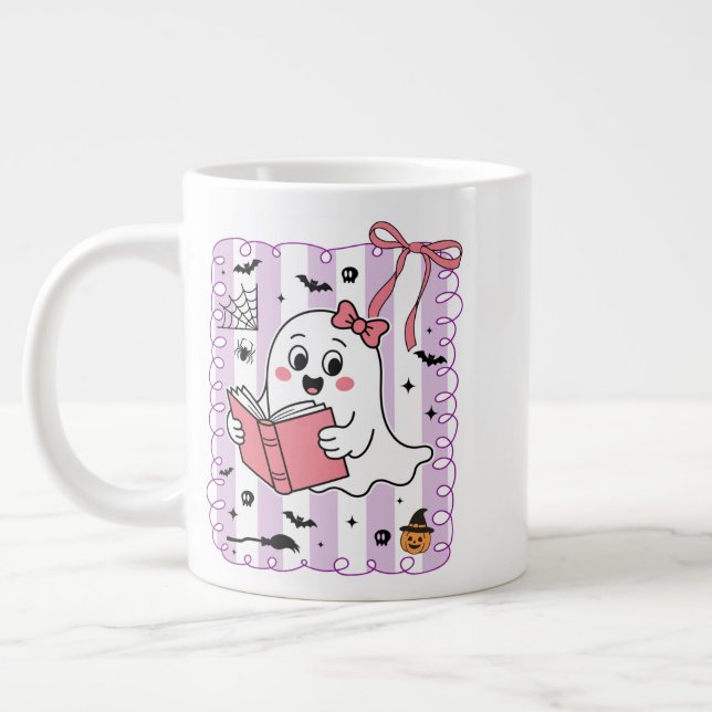 Cute Funny Ghost Bok läser Preppy Halloween Jumbo Mugg (Vänster)