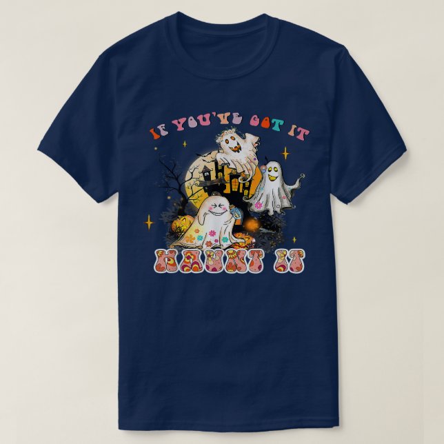 Cute Funny Ghost Pumpkin Haunted House Halloween T Shirt (Design framsida)