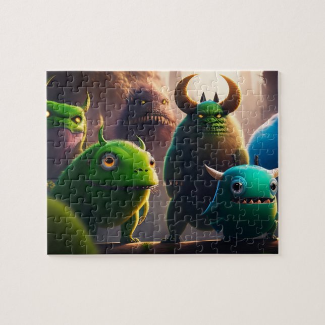 Cute Funny Grönt 3D-monster Pussel (Horisontell)