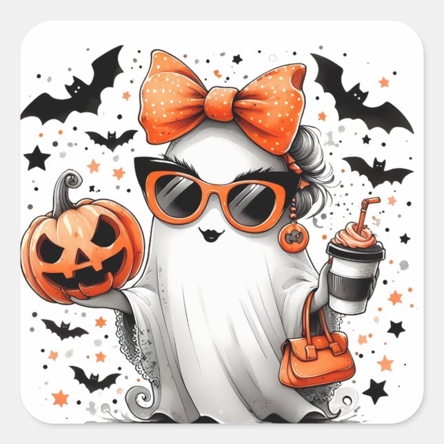 Cute Funny Halloween Ghost Fyrkantigt Klistermärke (Framsida)