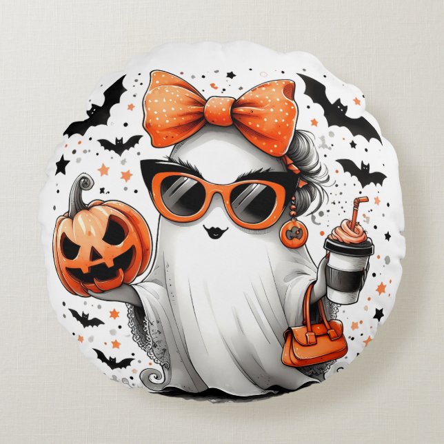 Cute Funny Halloween Ghost Rund Kudde (Framsidan)